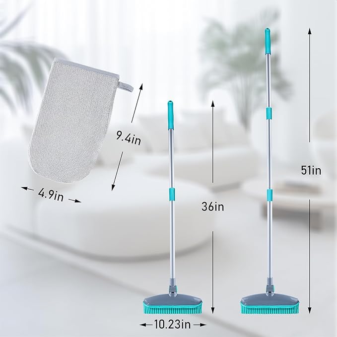 180°Rotating Head Rubber Broom with Squeegee for Pet Hair Removal - 51" Iron Handle Fur Remover Rake Brush for Carpet, Hardwood & Tile Floors, Includes Pet Hair Removal Gloves (Blue)