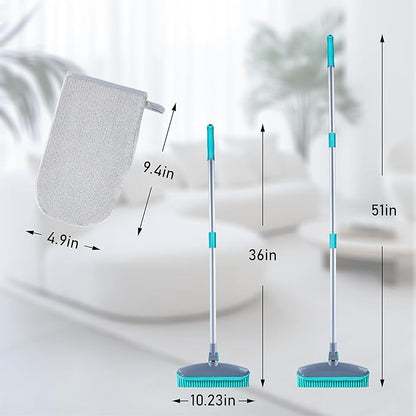 180°Rotating Head Rubber Broom with Squeegee for Pet Hair Removal - 51" Iron Handle Fur Remover Rake Brush for Carpet, Hardwood & Tile Floors, Includes Pet Hair Removal Gloves (Blue)