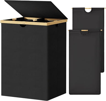 WOWLIVE 165L Double Laundry Hamper with Lid Bamboo Laundry Basket 2 Section,Large Dirty Clothes Hamper with Removable Linner Bags,Laundry Bin Organizer Storage for Dorm,Bedroom,Bathroom,Black