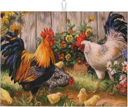 Chicken Family Dish Drying Mats for Kitchen Counter, Absorbent Reversible Microfiber Dish Drying Pad, Multi-Use Large Drying Mat Coffee Bar Accessories 18"x24"