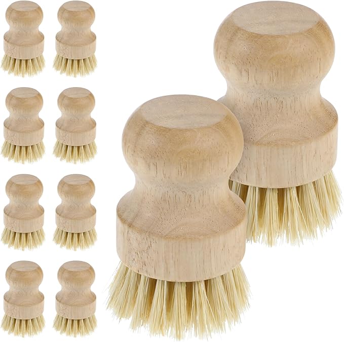 10 Pcs Bamboo Dish Scrub Brush Set, Mini Natural Wooden Scrubbers Set Round Dish Brush Vegetable Durable Scrubber Cleaning Kit for Cleaning Pot Pan Sink