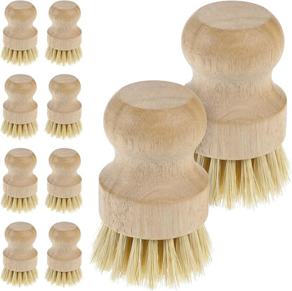 10 Pcs Bamboo Dish Scrub Brush Set, Mini Natural Wooden Scrubbers Set Round Dish Brush Vegetable Durable Scrubber Cleaning Kit for Cleaning Pot Pan Sink