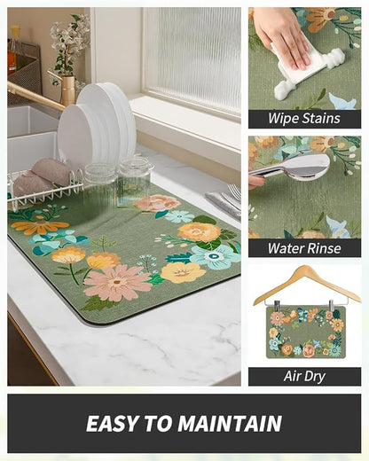 AMOAMI Coffee Mat Hide Stain Rubber Backed Absorbent Dish Drying Mat for Kitchen Counter - Fits Under Coffee Maker or Machine - Floral GREEN 17x31.5