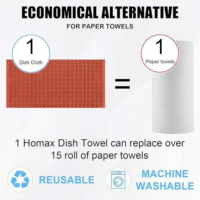 Homaxy 100% Cotton Terry Kitchen Towels(Rust, 13 x 28 inches), Checkered Designed, Soft and Super Absorbent Dish Towels, 8 Pack