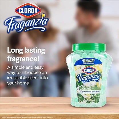 Clorox Fraganzia Crystal Beads Air Freshener, Long Lasting Room Deodorizer and Odor Eliminator Gel Beads to Freshen Home, Car, or Office, White Lily Bloom Scent, 12 Fl Oz - 12 Pack