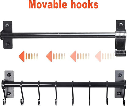 Dseap Kitchen Utensil Holder Hanger, Pot and Pan Rack Wall Mounted, Kitchen Rail with 8 Hooks for Hanging Cooking Utensils, Mugs, Spoons, Wall Mounted, Black