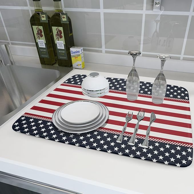 4th of July Patriotic Dish Drying Mat For Kitchen Counter America Red White Blue Stripes Stars Microfiber Absorbent Drying Mats Reversible Kitchen Countertop Drainer Pad 18x24 Inch