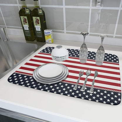 4th of July Patriotic Dish Drying Mat For Kitchen Counter America Red White Blue Stripes Stars Microfiber Absorbent Drying Mats Reversible Kitchen Countertop Drainer Pad 18x24 Inch