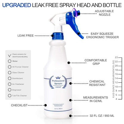 Plastic Spray Bottle 2 Pack, 32 Oz, All-Purpose Heavy Duty Spraying Bottles Leak Proof Mist Empty Water Sprayer for Cleaning Solution, Essential Oils, Hair, Planting with Adjustable Nozzle - Blue