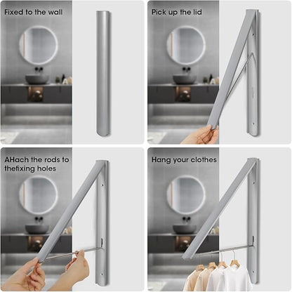 Retractable Clothes Drying Rack Wall Mounted, Foldable Space-Saving Hanger for Laundry Room/Bathroom/RV - Stainless Steel/Aluminum (Silver)