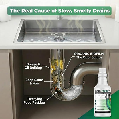 DrainClear Pro Enzyme Drain Cleaner 32oz - Enzymatic Formula Digests Grease, Waste & Odors - Safe for Pipes and Septic Systems - Biodegradable Drain Treatment for Home & Commercial Use