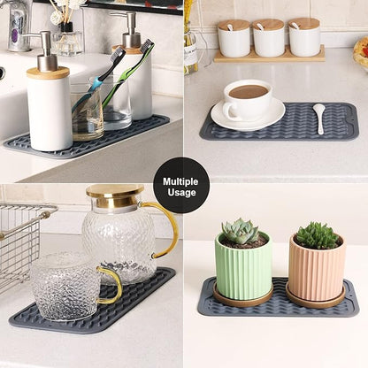 ZLR 2 Pcs Silicone Sponge Holder & Sink Caddy Tray (6" x 12") - Narrow Dish Drying Mat for Kitchen Counter - Waterproof Soap Dispenser Organizer, Non-Slip Bathroom Vanity Tray (Dark Gray)