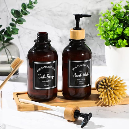 Zopeal 4 Pcs Kitchen Soap Dispenser Set with Bamboo Tray and Dish Brush Plastic Soap Dispenser Set with Waterproof Labels for Hand Dish Lotion(Brown)