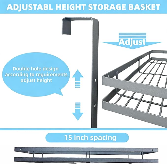 Broom Holder Door Mount,Door Mounted Broom and Mop Holder with Dual Tool Hooks, Three Slots, and One Tool Storage Basket For Laundry Room, Garage, Closet, warehouse, Kitchen Decor (grey)