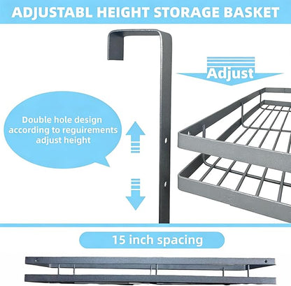 Broom Holder Door Mount,Door Mounted Broom and Mop Holder with Dual Tool Hooks, Three Slots, and One Tool Storage Basket For Laundry Room, Garage, Closet, warehouse, Kitchen Decor (grey)