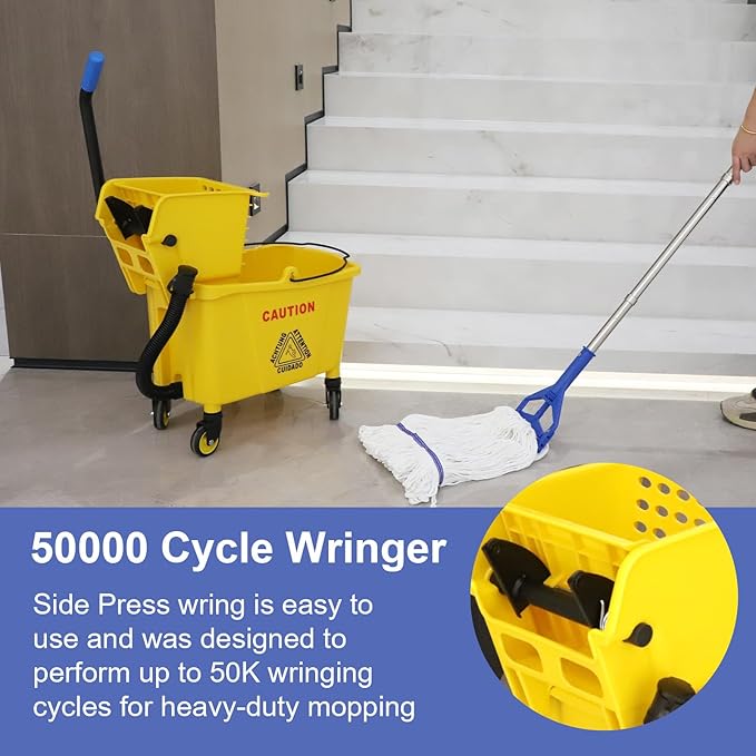 35 Qt. Side-Press Mop Bucket and Wringer Combo on Wheels Yellow for Professional/Industrial/Business Heavy-Duty Floor Cleaning/Mopping,Including Industrial Mop and Rubber Gloves