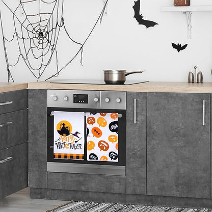 6 Pcs Halloween Kitchen Towels Buffalo Plaid Pumpkin Dish Towels 18 x 28 Inches Happy Halloween Boo Ghost Tea Towels Black Cat Spooky Bat Hand Towels for Halloween Party Decor Home Cooking Baking
