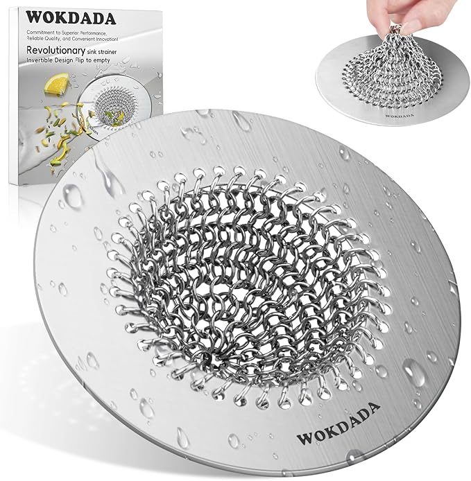Wokdada Sink Drain Strainer, Reversible No Clog Mesh Kitchen Sink Drain Strainer, 304 Stainless Steel & Rust-Proof/Masterfully Handcrafted, Easy Clean, Dishwasher Safe, Fits Standard Sink Drain