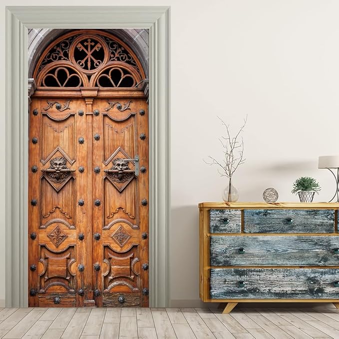 3D Door Stickers Murals Peel and Stick Wallpaper -Retro Door- PVC Self-Adhesive Door Decals Removable Waterproof Poster for Bedroom Living Room Home Door Wall Decoration 34.6x78.7 inch
