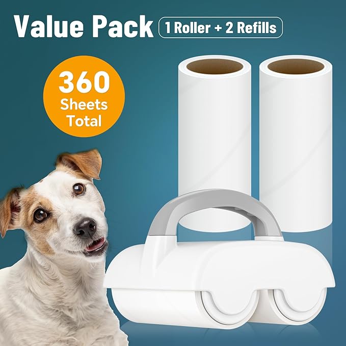 NiHome Dual Lint Remover Roller & 4 Refills, Strong Adhesive for Pet Hair, Dust, Lint Removal on Clothes, Furniture, Bedding, Curtains, Car Seats, 90 Sheets/Roll, Easy Tear & Replace for Travel, Home