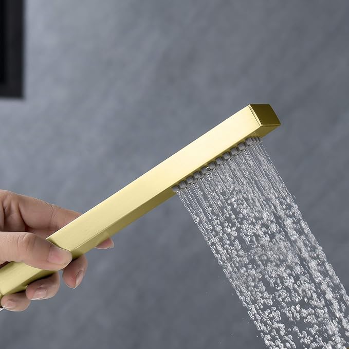 Kibi Cube Metal Handheld Showerhead – Solid Brass Single Spray Hand Shower with Universal Fit, Durable Corrosion-Resistant Design for Bathroom Showers – Easy Install, Brushed Gold