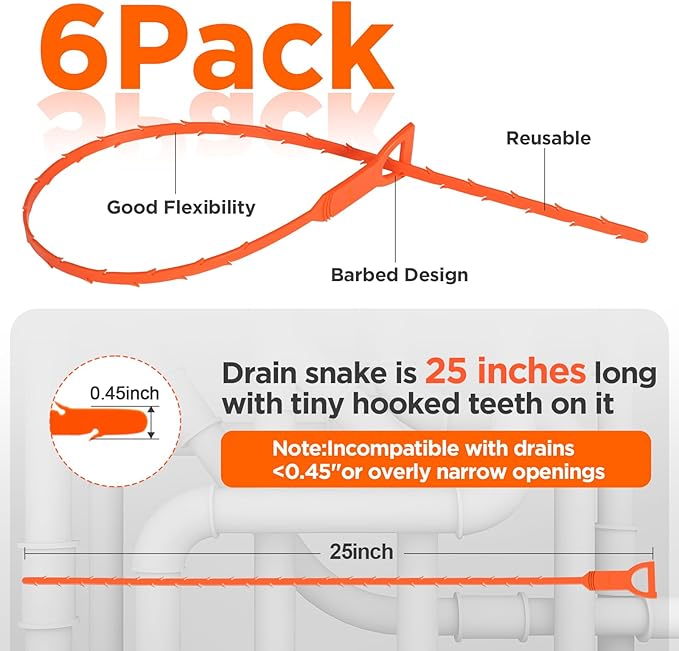 Forlivese 25 Inch Drain Snake,Drain Clog Remover,Sink Snake for Sewer Kitchen Sink Bathroom Tub Toilet Clogged Drains Relief Cleaning Tool 6 Pack