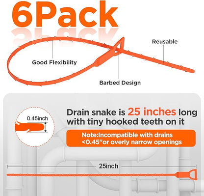 Forlivese 25 Inch Drain Snake,Drain Clog Remover,Sink Snake for Sewer Kitchen Sink Bathroom Tub Toilet Clogged Drains Relief Cleaning Tool 6 Pack