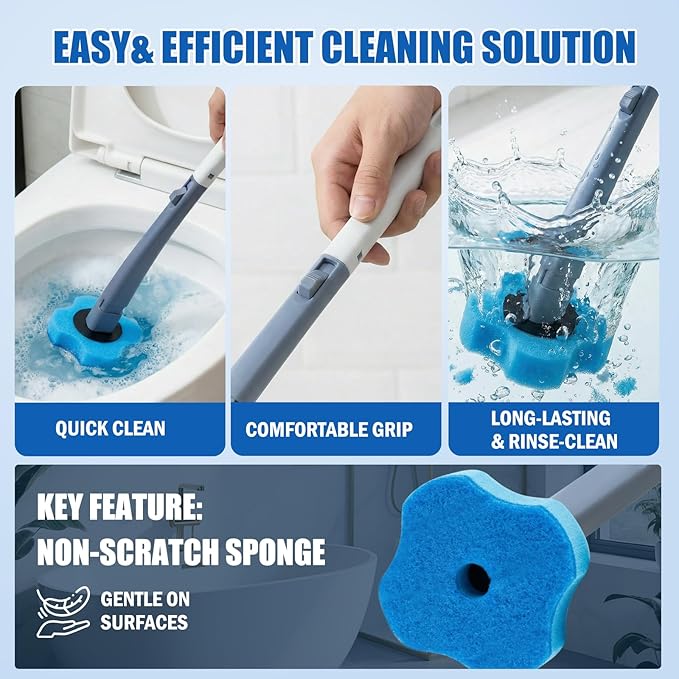 Disposable Toilet Brush with 8 Refills,Toilet Wand Brush Cleaning Kit,Wall Mounted Toilet Bowl Cleaner Set with Holder for Bathroom Deep Cleaning & Hygiene Local Stock- Blue & White