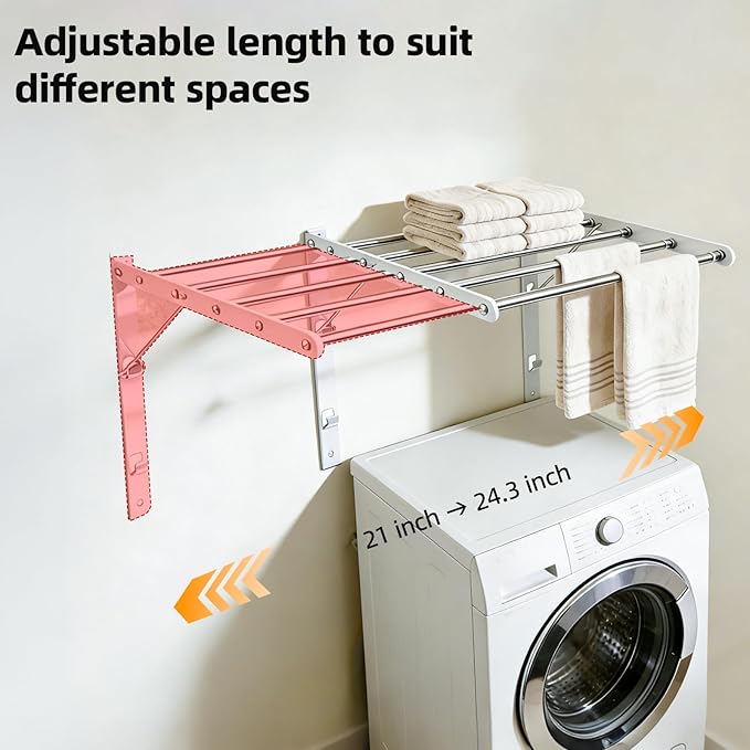 Wall Mounted Clothes Drying Rack, 24'' Retractable Foldable Laundry Drying Rack with 5 Stainless Steel Rods, Space Saving & Easy Installation for Laundry Bathroom Apartments-White