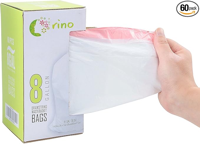 Orino Ultra Strong Garbage Bags 8 Gallon Trash Can Liners for Kitchen and Office Unscented White Drawstring Trash Bags, 60 Count 0.74 mil 22" x 24"