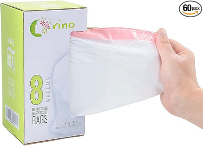 Orino Ultra Strong Garbage Bags 8 Gallon Trash Can Liners for Kitchen and Office Unscented White Drawstring Trash Bags, 60 Count 0.74 mil 22" x 24"