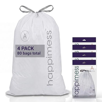 happimess 8 Gallon (30L) Drawstring Trash Bags, Unscented, Clear, Heavy Duty LDPE Liners for Kitchen and Household, Custom Fit, 80 Count (4 Packs of 20 Liners) HPM3000A-C-4SET