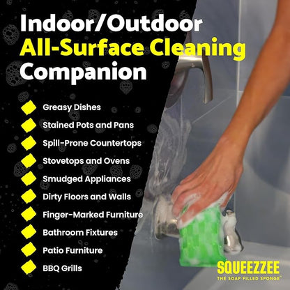 Squeezzee Soap Filled Scrubber Sponges - Non Scratch Scrubbing Sponge with Built-In Dishwashing Liquid Dish Soap - Double Sided Kitchen & Household Cleaning Scrubbers - Up to 300 Washes Per Sponge - 6