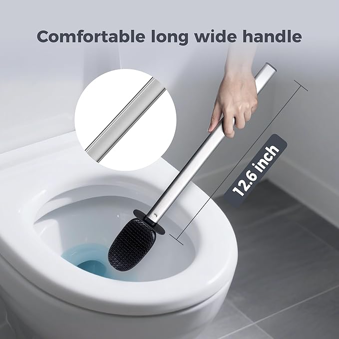 Toilet Brush and Holder Set Toilet Cleaning Brush with Silicone Bristles for Bathroom Stainless Steel Flexible Compact Toilet Bowl Brush (1, Stainless Steel)