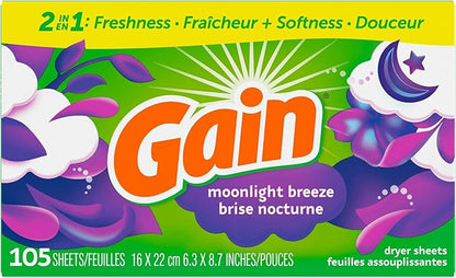 Gain dryer sheets, 105 Count, Moonlight Breeze Scent, Laundry Fabric Softener Sheets with 2-in-1 Aromaboost Plus Softness