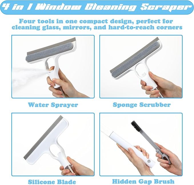 Lothee 2pcs 3 in 1 Window Squeegee, 23'' Long Handle Window Cleaning Scraper, Squeegee and Scrubber with Spray for Walls, Car Windshields, Bathrooms, Kitchens (Blue,White)