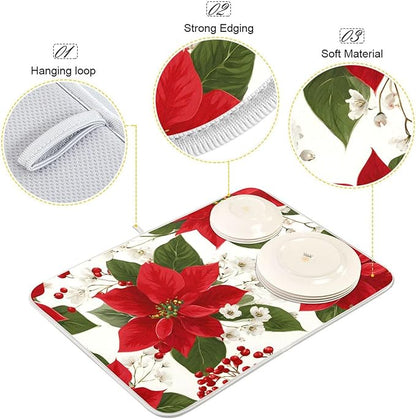 Red Poinsettias with Holly Dish Drying Mat for Kitchen Counter Super Absorbent Drying Mat 16x18 inch Large Dish Drying Matts for Countertop Protector Dishes Pad
