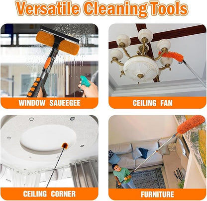 LAANPOLE 26FT High Reach Duster Cleaning Kit with Extension Pole, High Ceiling Fan Cleaner Duster Tool for Fan Blades, Window Washing Kit with Microfiber Feather Duster & Window Squeegee