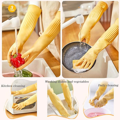6 - Pair 17.8 - Inch Elbow - Length Reusable Rubber Waterproof Household Cleaning and Kitchen Dishwashing Gloves - Large Size