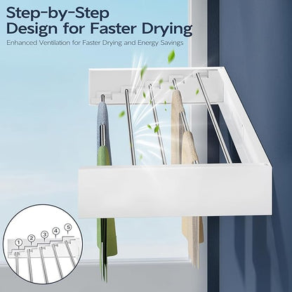 Wall Mounted Foldable Clothes Drying Rack, 32-Inch Wide, 5 Stainless Steel Rods, Space-Saving Laundry Drying Rack with Wall Template, White
