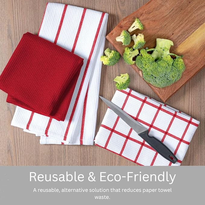 Assorted Waffle Kitchen Towels 100% Cotton Set of 6 - Heavy Duty 320 GSM Quality Dish Cloths - Soft Absorbent Washable for Kitchen Use - Quick Drying Dish Towel 16x26 inch Red