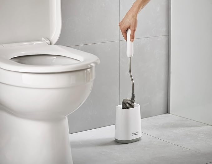 Joseph Joseph Flex Lite Silicone Toilet Brush with Slimline Holder Set, Flexible Head, drip, Anti-Clog deep Clean - Gray/White