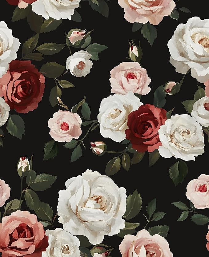 Fvlow Black Floral Wallpaper Peel and Stick 17.4" X 118" Pink Rose Contact Paper Dark Small Flower Vintage Garden Removable Covering for Bedroom Cabinet Bathroom Moody Home Decor Black Color