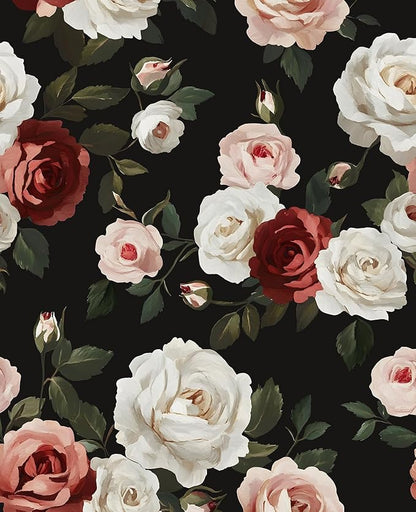 Fvlow Black Floral Wallpaper Peel and Stick 17.4" x 394" Pink Rose Removable Contact Paper Dark Flower Vintage Garden Pattern Covering for Bedroom Cabinet Bathroom Moody Home Decor Black Color