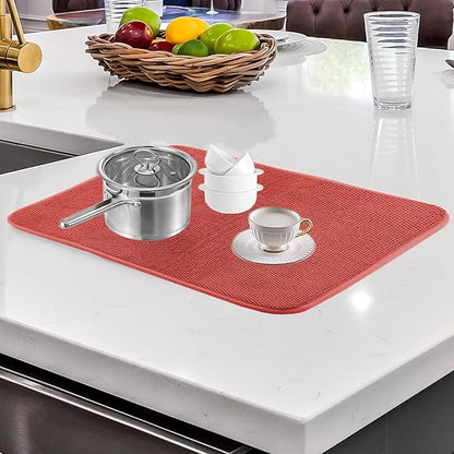 2pcs Microfiber Dish Drying Mats, Ultra Absorbent Dishes Drying Mats for Kitchen Counter, Washable Reusable Dishes Drainer Pads with Hanging Loop, 2 Pack, Large Size, 24'' x 18'' (Red)