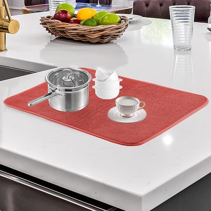 2 Pcs Microfiber Dish Drying Mats for Kitchen Countertop, Absorbent Dish Drying Pad, 15 x 20 Inch, Dishes Drainer Pad for Kitchen Counter, Washable Dish Drainer Mats for Drainer Racks, Sinks (Red)