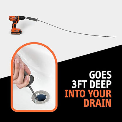 Drain Snake Auger, 36 Inch, Power Drill Attachment, Hair Clog Remover for Bathroom Sink and Bathtub, Stainless Steel, Matte Black