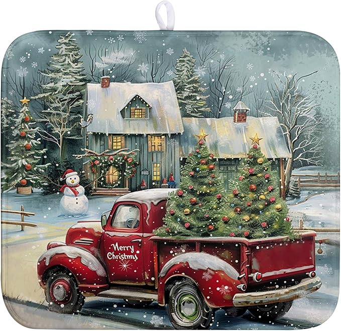 Vintage Snowman Christmas Kitchen Drying Mats - Red & Green Xmas Tree Pattern - Absorbent Microfiber Dish Rack Pads - 16x18 - Merry Christmas