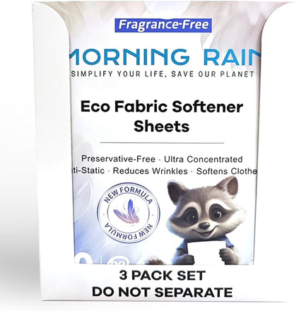 MorningRain Eco Fabric Softener Sheets for Washing Machine - Fragrance-Free, Preservative-Free, Ultra-Concentrated - 90 Sheets for Up to 180 Loads, Anti-Static, Reduces Wrinkles, Softens Clothes