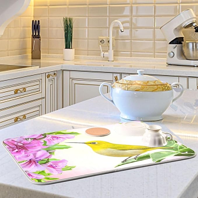 Hummingbird Dish Drying Mat Absorbent Kitchen Pads for Counter Kitchen Dish Dryer 16 x 18 Mat under Dish Drainer